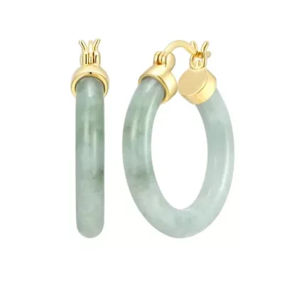 18k Yellow Gold Plated Sterling Silver Carved Genuine Green Jade 25mm Hoop Earrings
