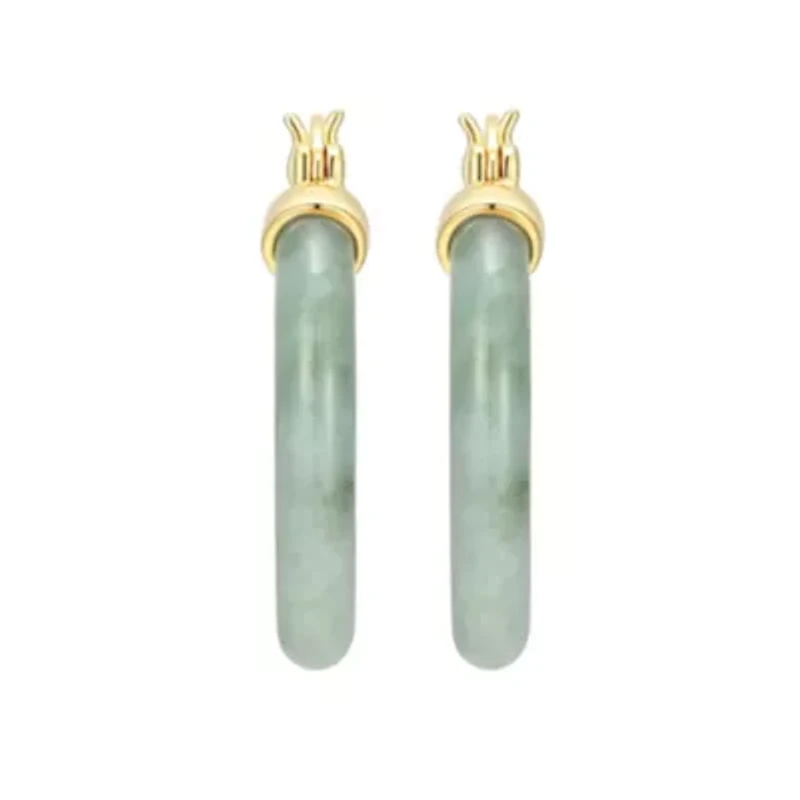 18k Yellow Gold Plated Sterling Silver Carved Genuine Green Jade 25mm Hoop Earrings