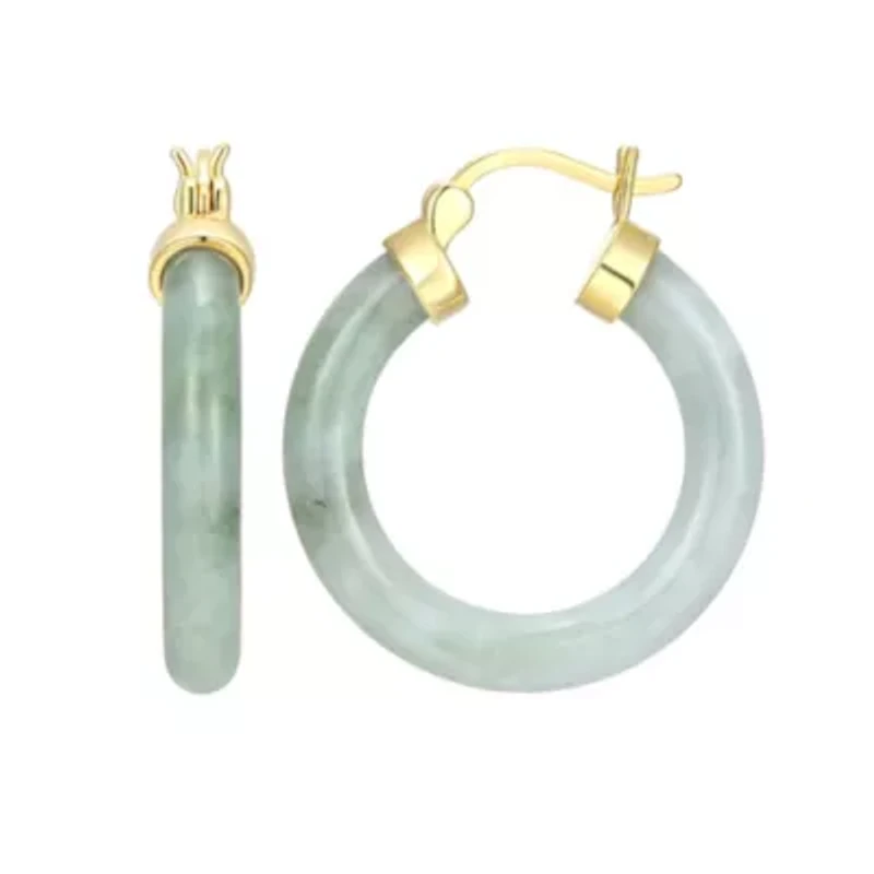 18k Yellow Gold Plated Sterling Silver Carved Genuine Green Jade 25mm Hoop Earrings
