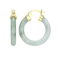 18k Yellow Gold Plated Sterling Silver Carved Genuine Green Jade 25mm Hoop Earrings