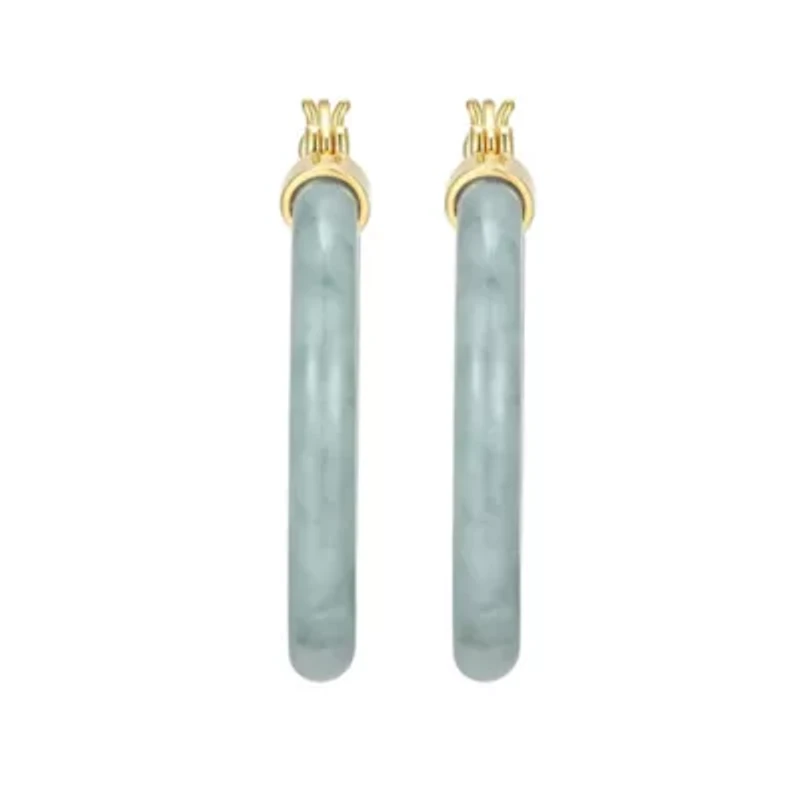 18k Yellow Gold Plated Sterling Silver Carved Genuine Green Jade 32mm Hoop Earrings