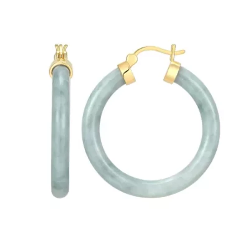 18k Yellow Gold Plated Sterling Silver Carved Genuine Green Jade 32mm Hoop Earrings