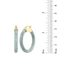 18k Yellow Gold Plated Sterling Silver Carved Genuine Green Jade 32mm Hoop Earrings