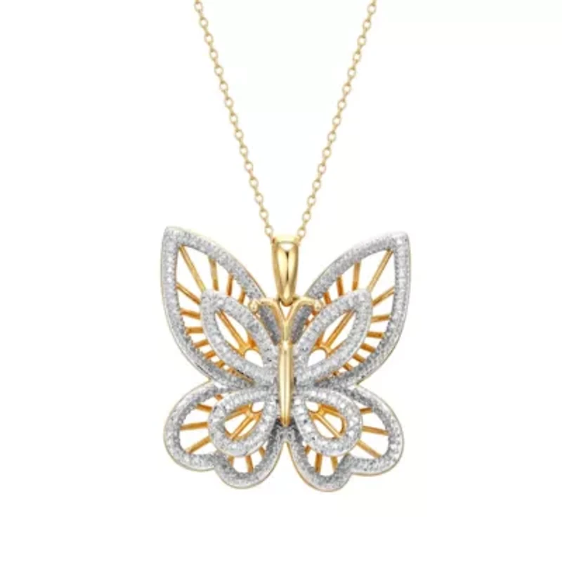 Diamond Accent Butterfly Pendant in 18k Yellow Gold Plated Sterling Silver with 18" Chain
