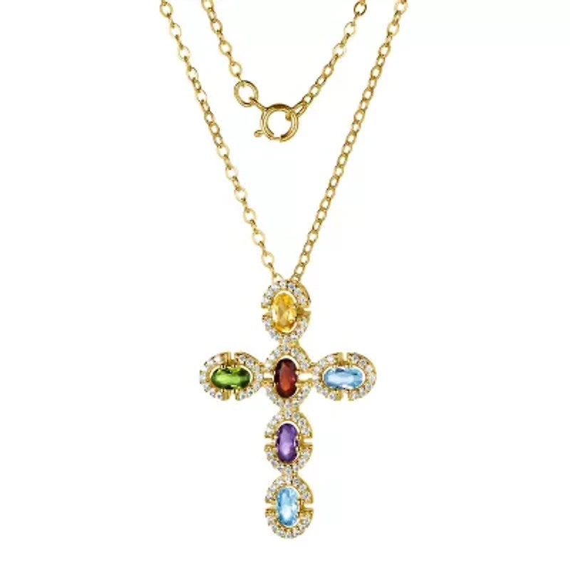 18k Gold Plated Sterling Silver Genuine Gemstone Cross Necklace