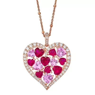 Created Ruby and Pink and white Sapphire Cluster Heart Pendant In 18K Rose Gold Plated Sterling Silver