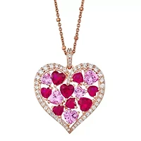 Created Ruby and Pink and white Sapphire Cluster Heart Pendant In 18K Rose Gold Plated Sterling Silver