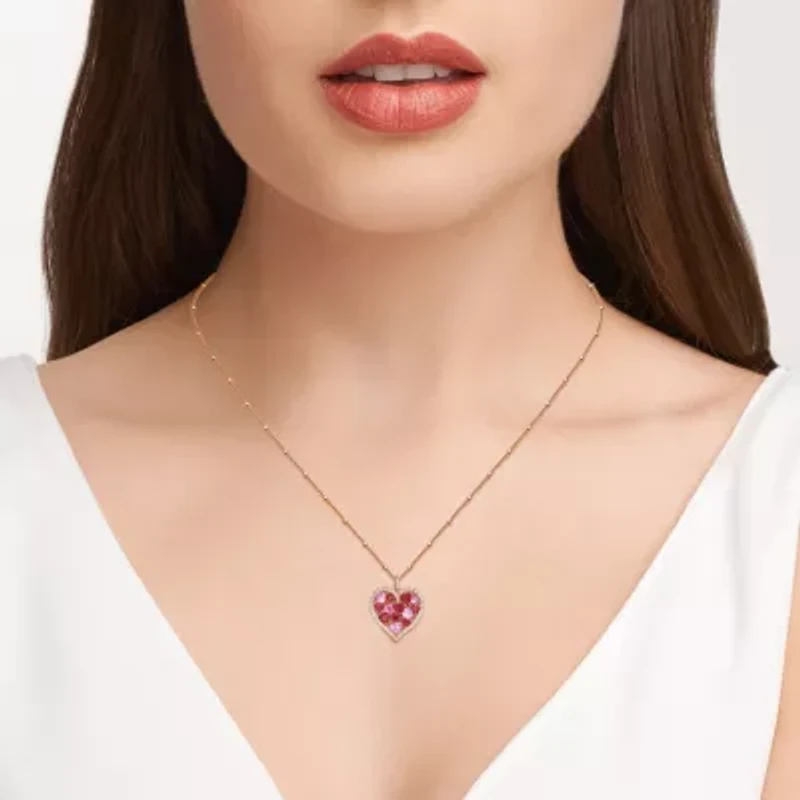 Created Ruby and Pink and white Sapphire Cluster Heart Pendant In 18K Rose Gold Plated Sterling Silver