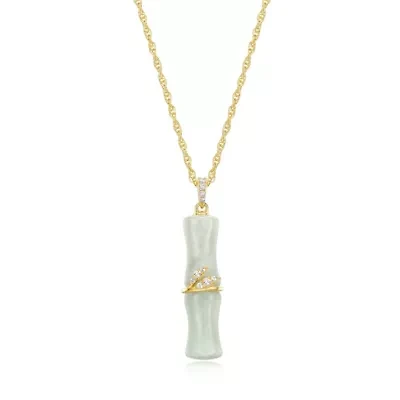 18k Gold Plated Sterling Silver Genuine Jade and White Topaz Bamboo Pendant Necklace