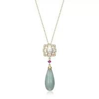 Genuine Jade & White Pearl Necklace in 18K Gold Plated Sterling Silver