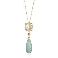 Genuine Jade & White Pearl Necklace in 18K Gold Plated Sterling Silver