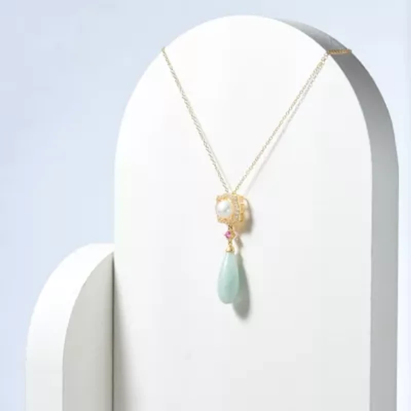 Genuine Jade & White Pearl Necklace in 18K Gold Plated Sterling Silver
