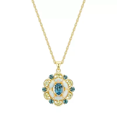 Genuine London Blue Topaz, Created Opal and Genuine Peridot Pendant in 18K Gold-plated Sterling Silver