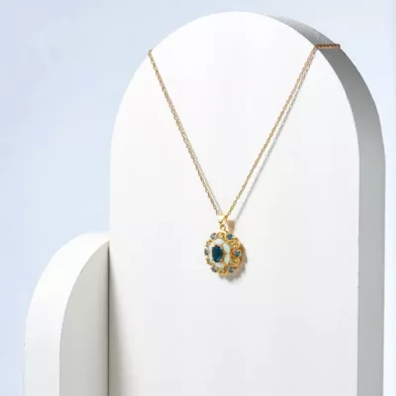 Genuine London Blue Topaz, Created Opal and Genuine Peridot Pendant in 18K Gold-plated Sterling Silver