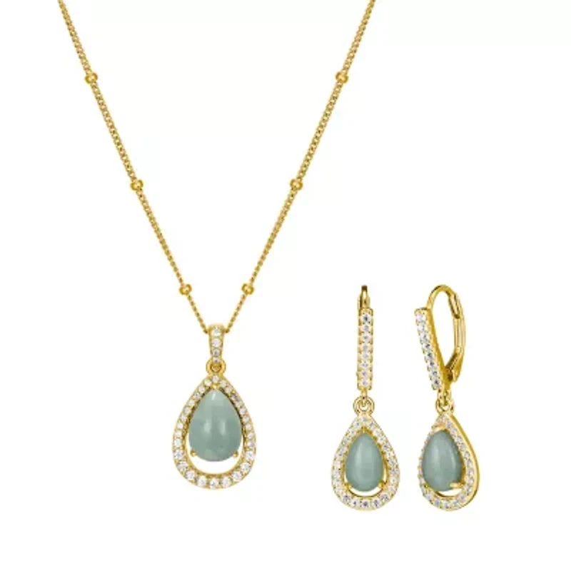 Genuine Green Jade and Created White Sapphire Pear Earring and Pendant Necklace Set in 18k Gold Plated Sterling Silver