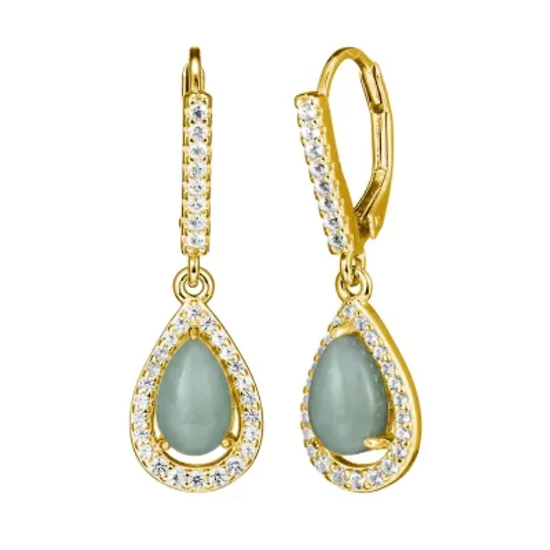 Genuine Green Jade and Created White Sapphire Pear Earring and Pendant Necklace Set in 18k Gold Plated Sterling Silver