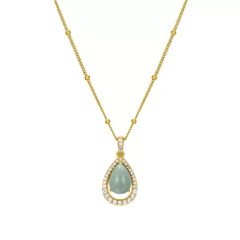 Genuine Green Jade and Created White Sapphire Pear Earring and Pendant Necklace Set in 18k Gold Plated Sterling Silver
