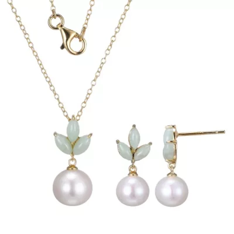 Genuine Pearl and Jade Earring and Necklace Set in 18k Gold-plated Sterling Silver