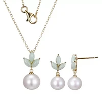 Genuine Pearl and Jade Earring and Necklace Set in 18k Gold-plated Sterling Silver