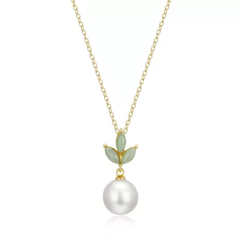 Genuine Pearl and Jade Earring and Necklace Set in 18k Gold-plated Sterling Silver