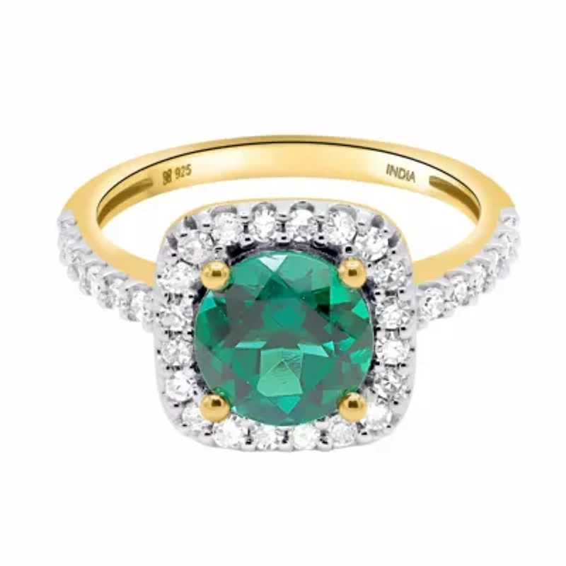 Lab Created 8.00 MM Round Emerald and 3/8CTTW Grown Diamond Ring.