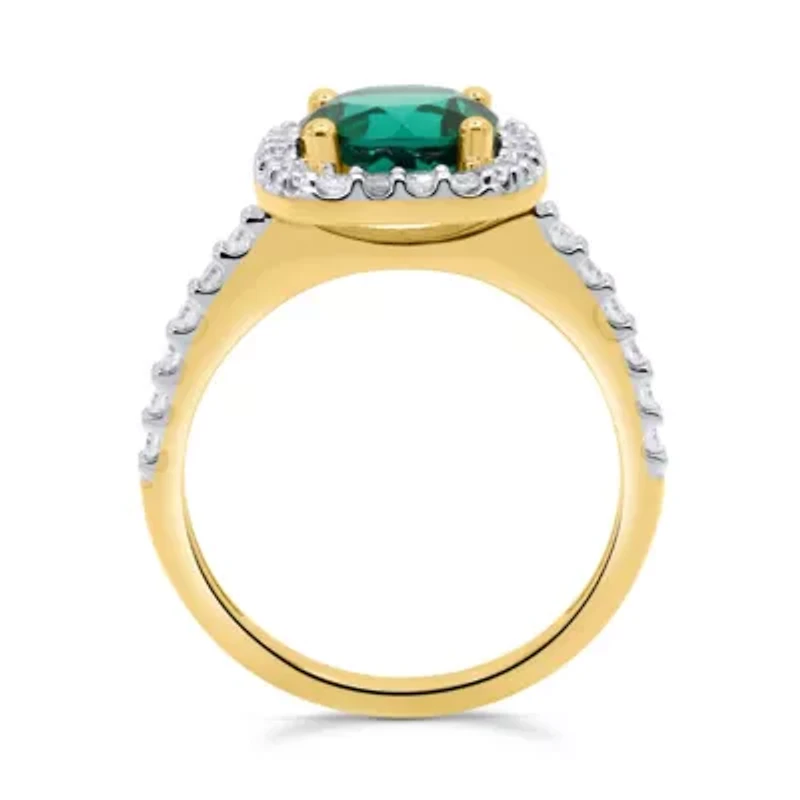 Lab Created 8.00 MM Round Emerald and 3/8CTTW Grown Diamond Ring.