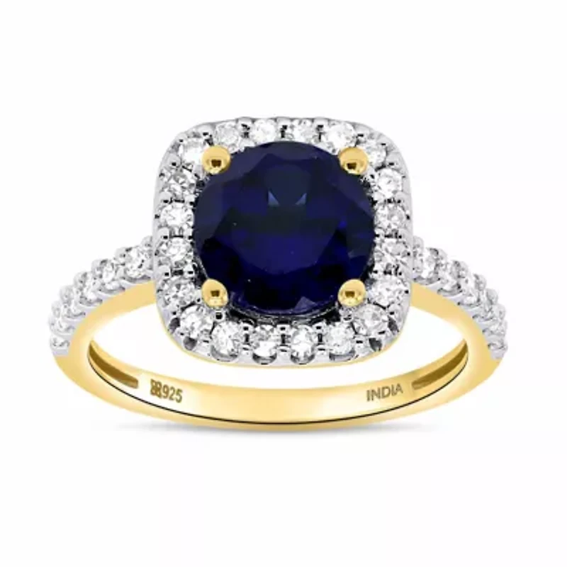 Lab Created 8.00 MM Round Blue Sapphire and 3/8CTTW Grown Diamond Ring.