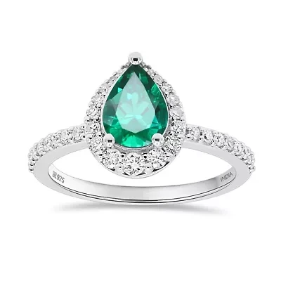 Lab Created 8X6 MM Pear Emerald and 1/3CTTW Grown Diamond Ring.
