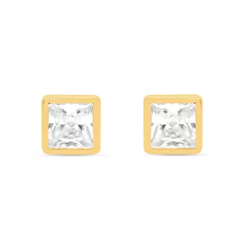 Lab Created 1 Ctw Princess Grown Diamond Bezel Set Stud Earrings Gold Plated Sterling Silver