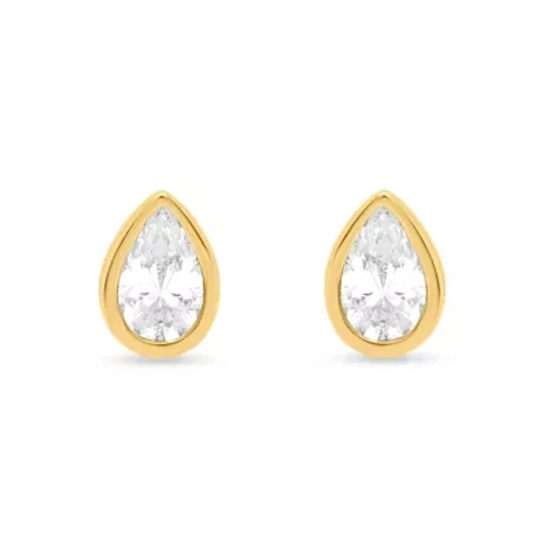 Lab Created 1 Ctw Pear Grown Diamond Bezel Set Stud Earrings Gold Plated Sterling Silver