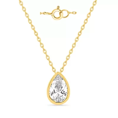 Lab Created 1 Ct Pear Grown Diamond Bezel Set Solitaire Pendant Gold Plated Sterling Silver