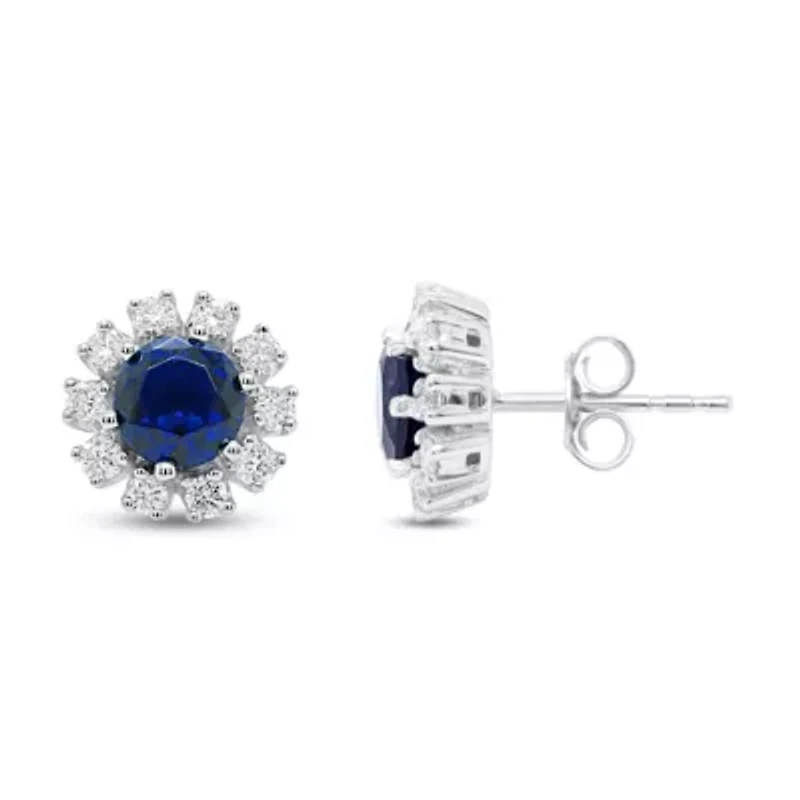 Lab Created 5.00 MM Round Created Blue Sapphire and 1/2CTTW Lab Grown Diamond Earrings.