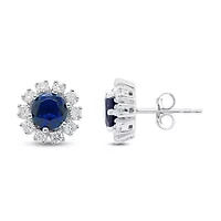 Lab Created 5.00 MM Round Created Blue Sapphire and 1/2CTTW Lab Grown Diamond Earrings.