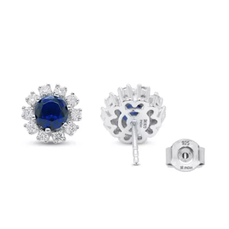 Lab Created 5.00 MM Round Created Blue Sapphire and 1/2CTTW Lab Grown Diamond Earrings.
