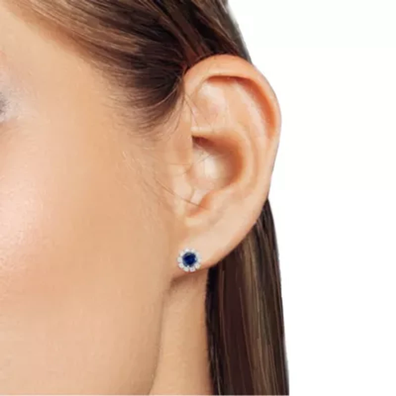 Lab Created 5.00 MM Round Created Blue Sapphire and 1/2CTTW Lab Grown Diamond Earrings.