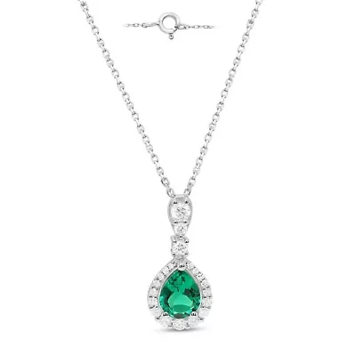 Lab Created 8X6 MM Pear Created Emerald and 1/3CTTW Lab Grown Diamond Pendant W/Chain.