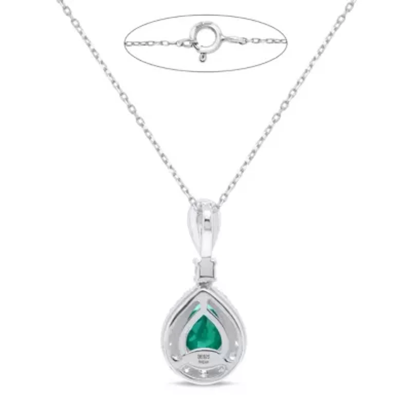 Lab Created 8X6 MM Pear Created Emerald and 1/3CTTW Lab Grown Diamond Pendant W/Chain.