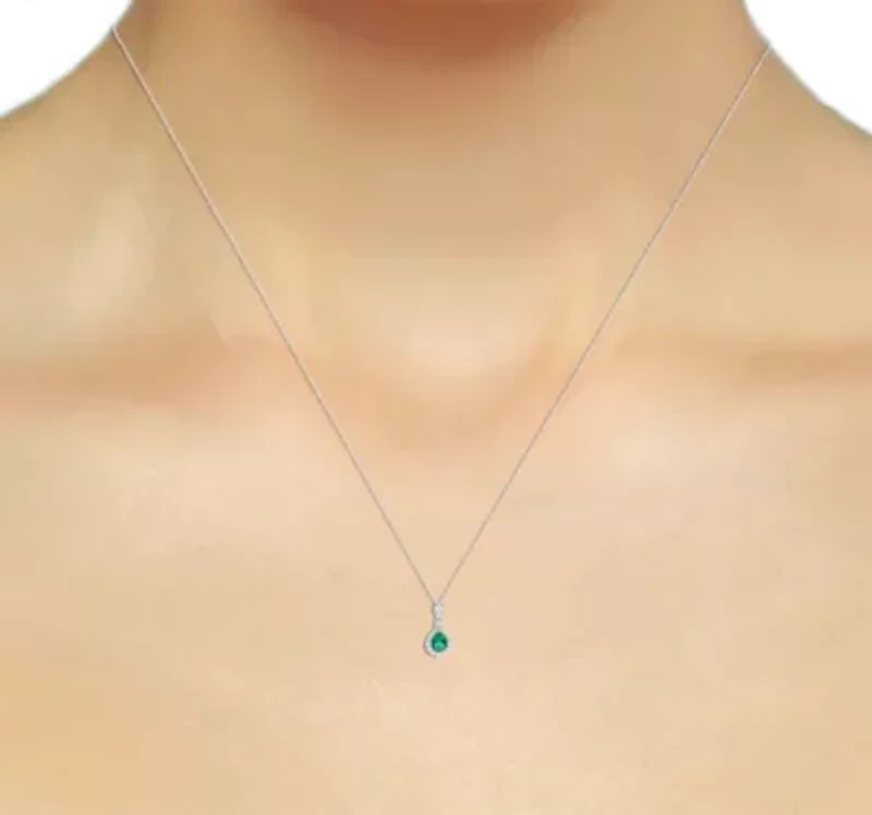 Lab Created 8X6 MM Pear Created Emerald and 1/3CTTW Lab Grown Diamond Pendant W/Chain.