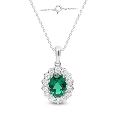 Lab Created 8X6 MM Oval Created Emerald and 1/2CTTW Lab Grown Diamond Pendant W/Chain.