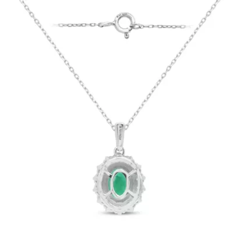 Lab Created 8X6 MM Oval Created Emerald and 1/2CTTW Lab Grown Diamond Pendant W/Chain.
