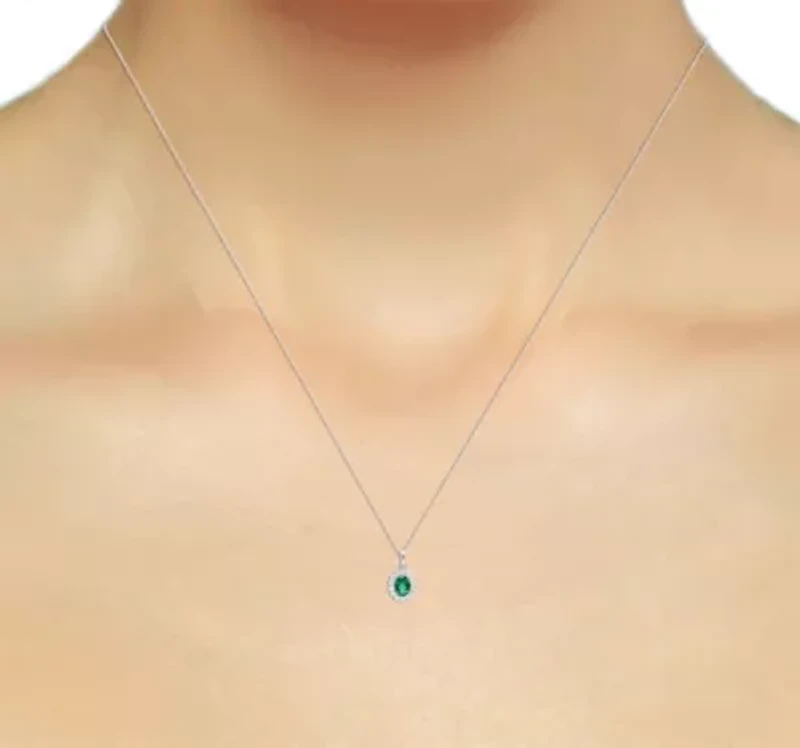 Lab Created 8X6 MM Oval Created Emerald and 1/2CTTW Lab Grown Diamond Pendant W/Chain.