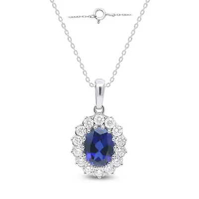 Lab Created 8X6 MM Oval Created Ruby and 1/2CTTW Lab Grown Diamond Pendant W/Chain.