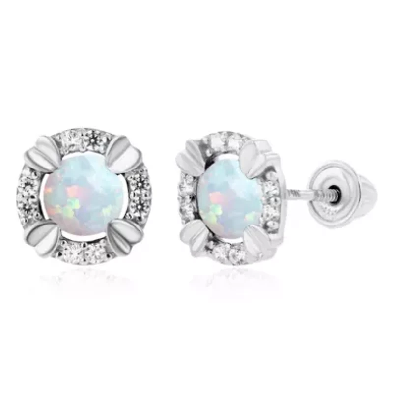 Lab Created Sterling Silver Rhodium 4mm Round Opal & 1mm White Sapphire Halo Screwback Earrings