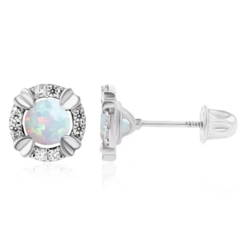 Lab Created Sterling Silver Rhodium 4mm Round Opal & 1mm White Sapphire Halo Screwback Earrings