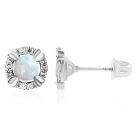 Lab Created Sterling Silver Rhodium 4mm Round Opal & 1mm White Sapphire Halo Screwback Earrings