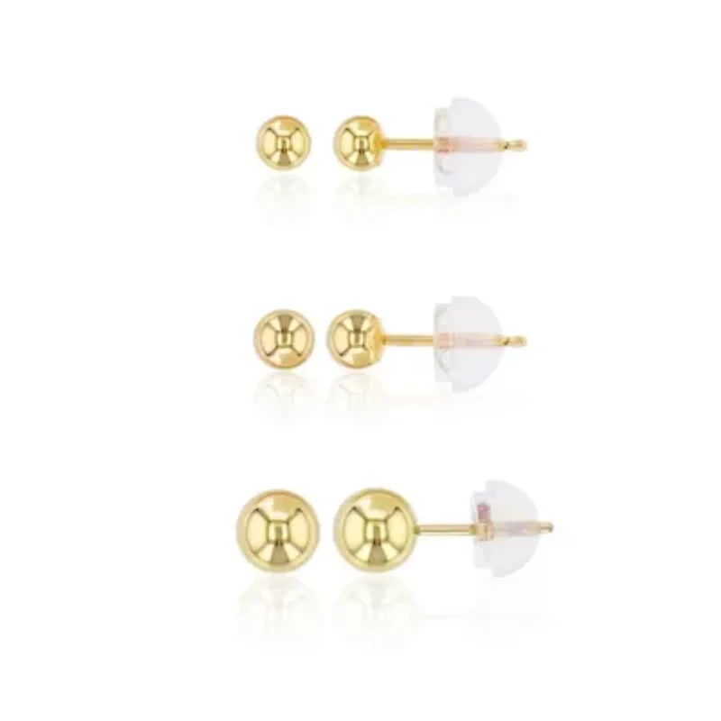 14K Gold Yellow 3,4,5MM Ball Studs Set & 14K Silicone Backs