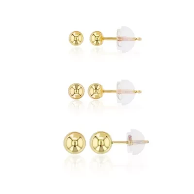 14K Gold Yellow 3,4,5MM Ball Studs Set & 14K Silicone Backs