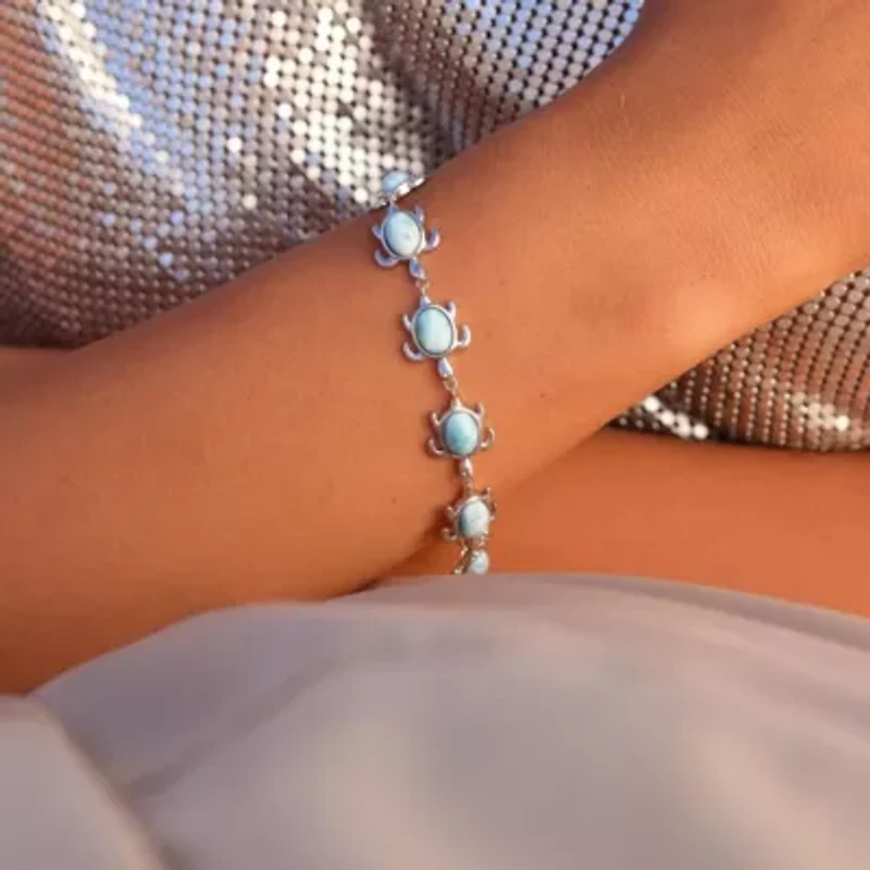 Sterling Silver Rhodium Larimar Turtle 7.5" Bracelet with Toggle