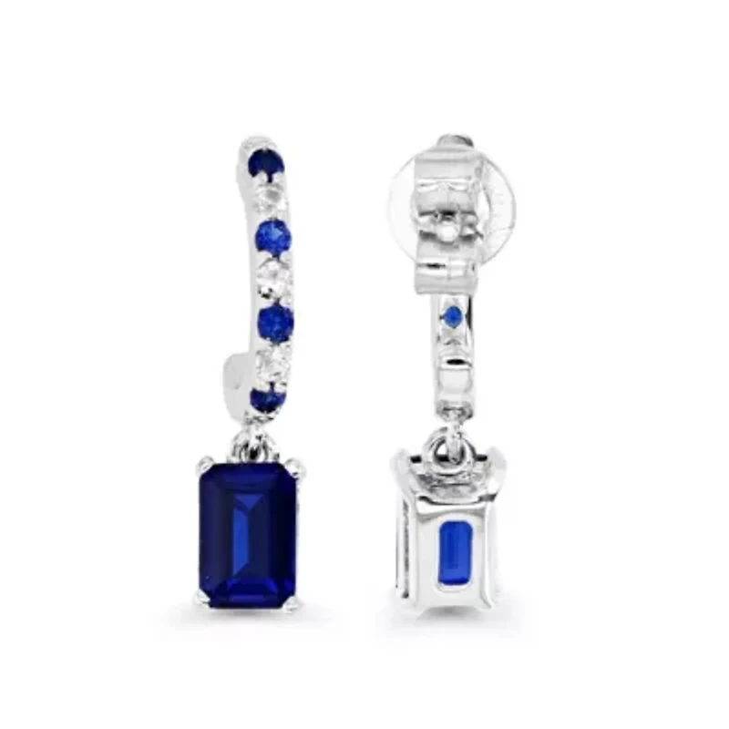Sterling Silver Rhodium Oct Created Blue Sapphire and  Created White Sapphire Drop Earring