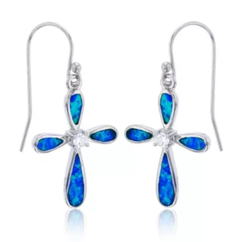 Lab Created Sterling Silver Rhodium Created Blue Opal with Center CZ Pinched Cross Dangling Fish-Hook Earring